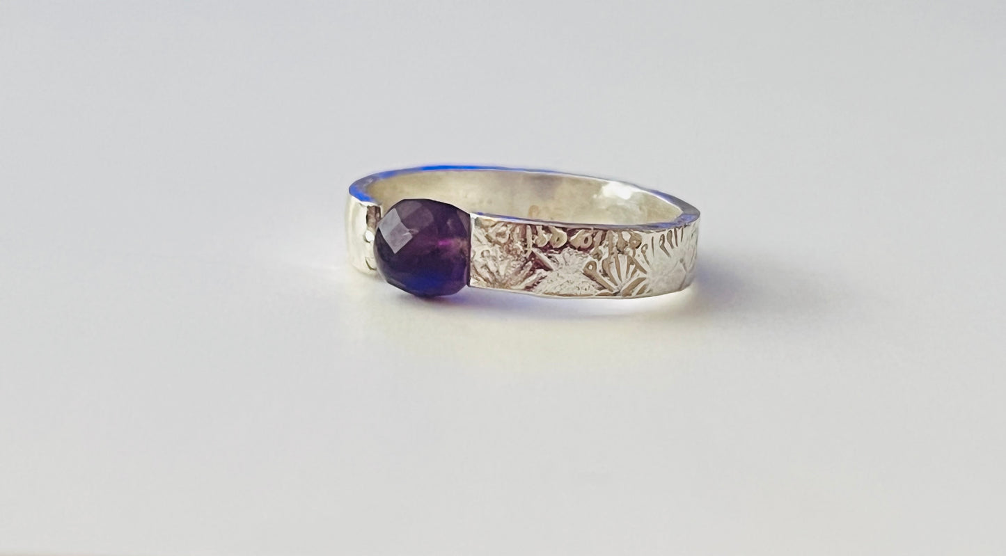 Amethyst silver pattern ring