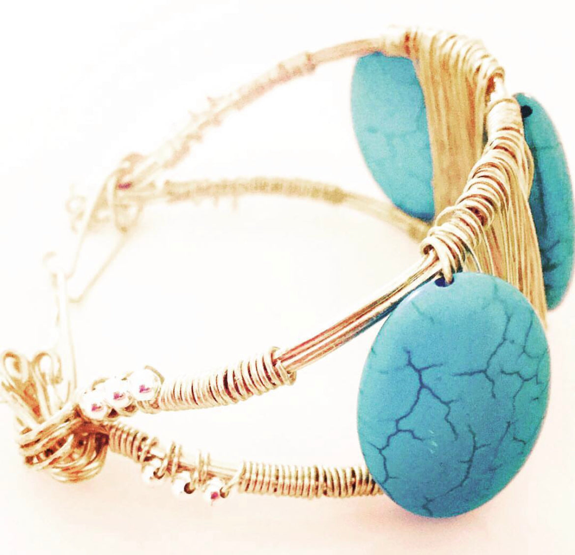 Three stone turquoise and gold bangle