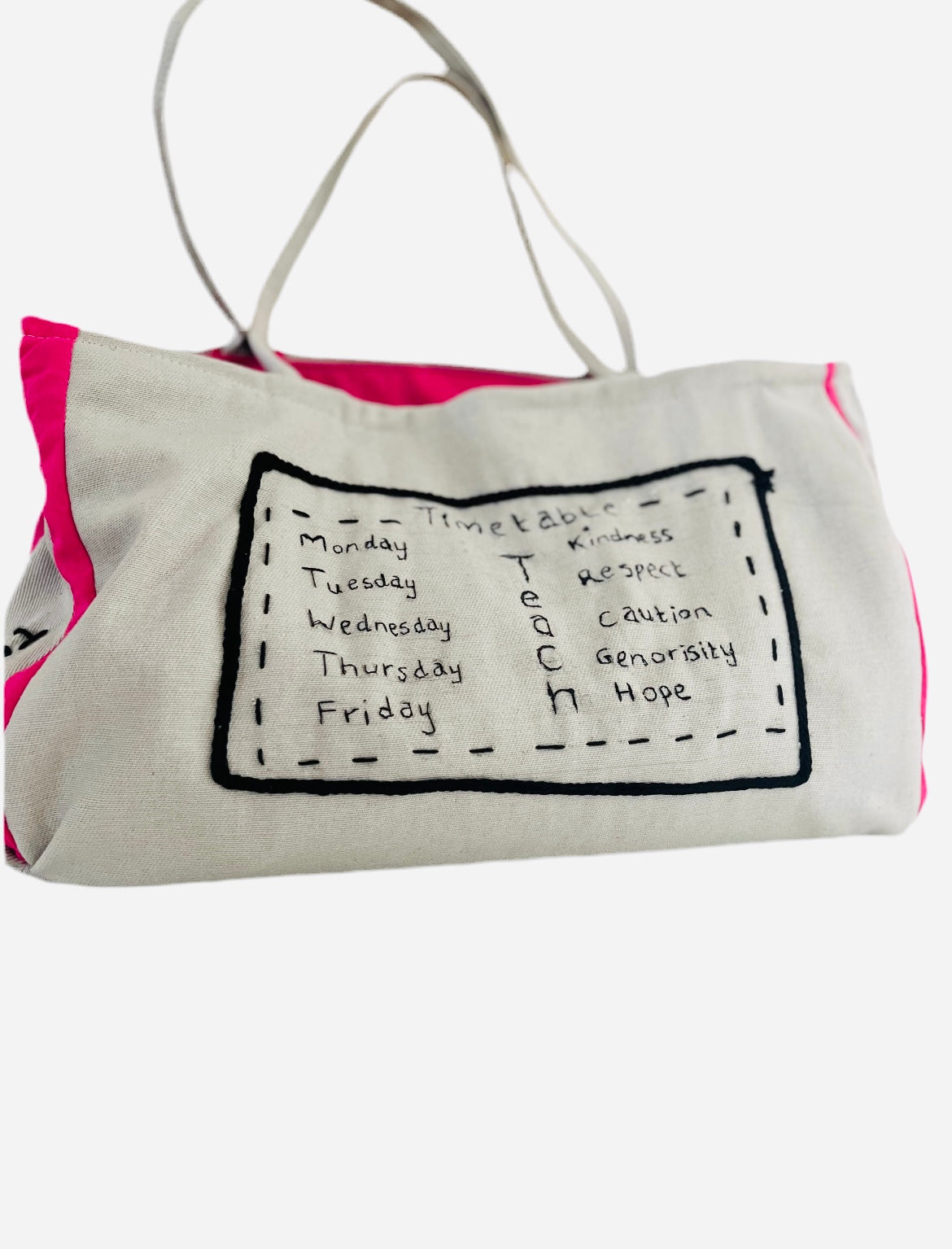 Pink and beige Canvas bag with message